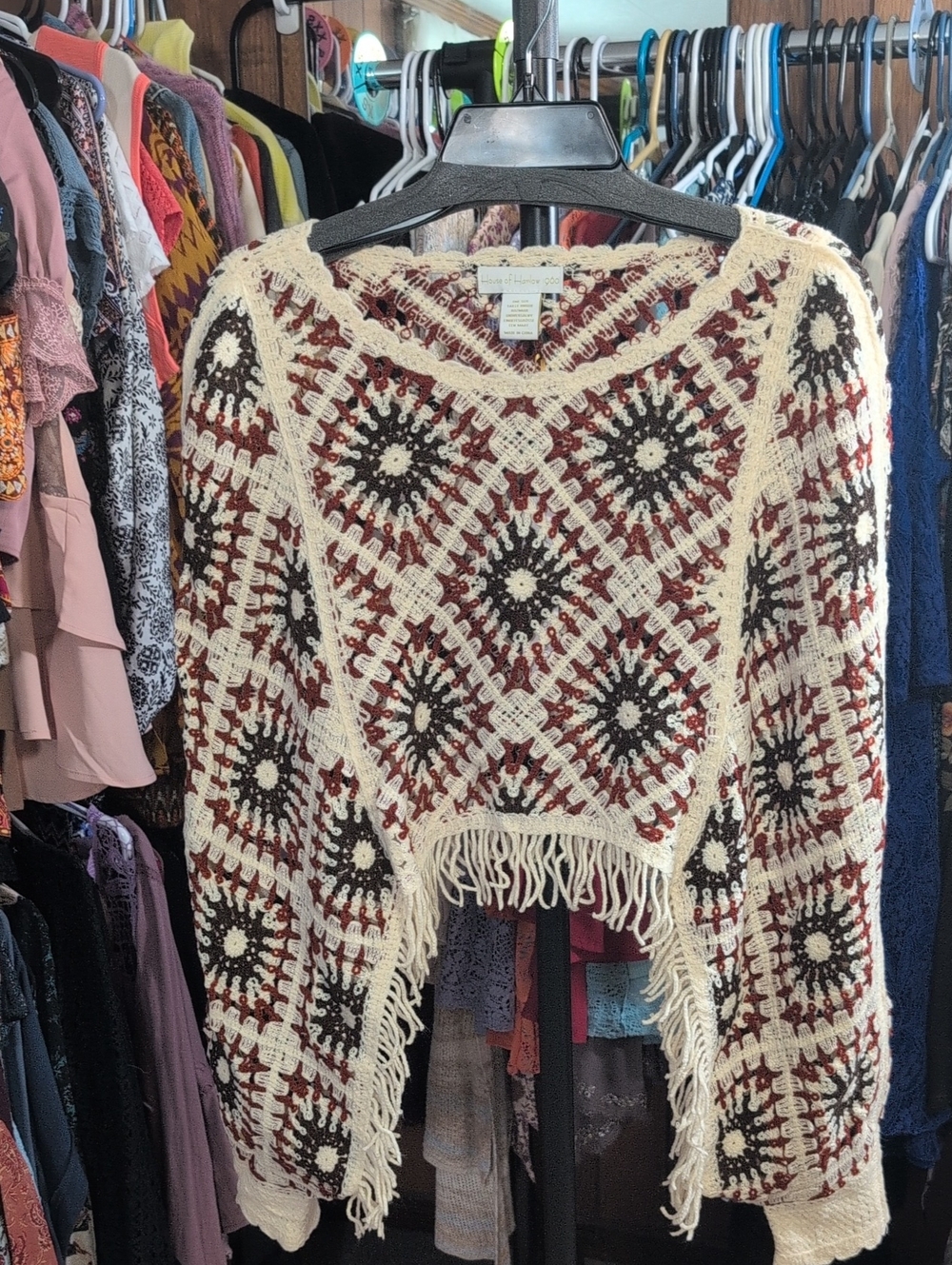 House of Harlow 1960 Crochet Fringe Sweater in Cream, Brown And Red NWT